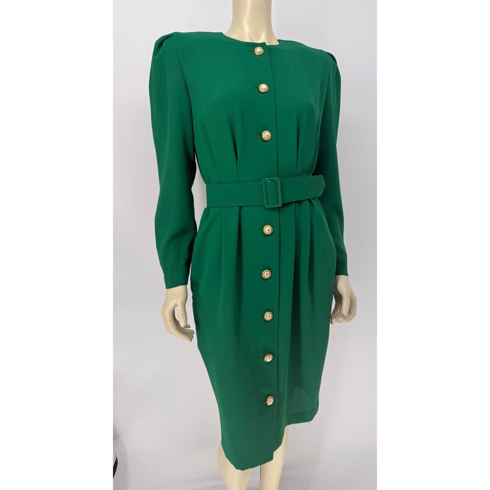 Vintage 1980s CHAUS Emerald Green Belted Midi Dress Power Dress 8